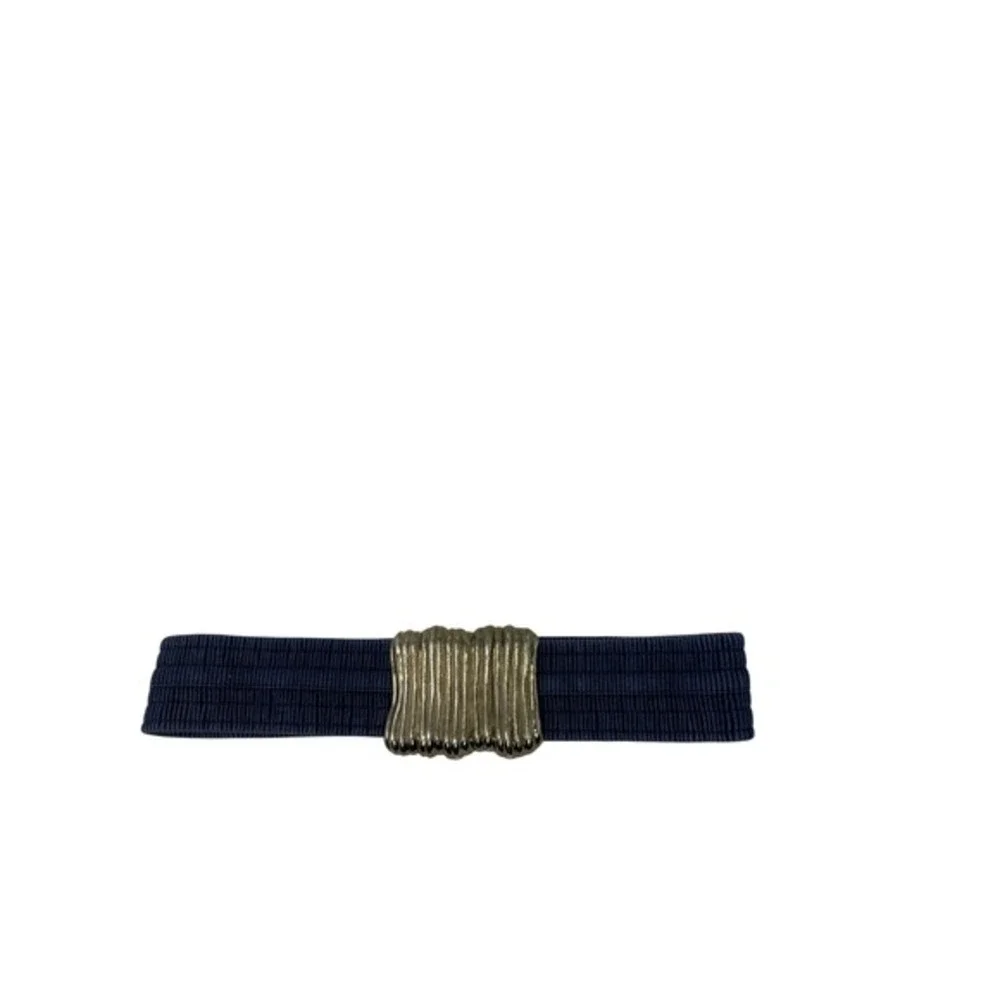 Vintage Navy Blue Elastic Cinch Belt Gold Tone Textured Sculptural‎ Buckle Retro